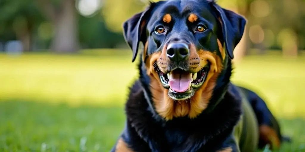 Happy Rescue Rottweiler in grassy park